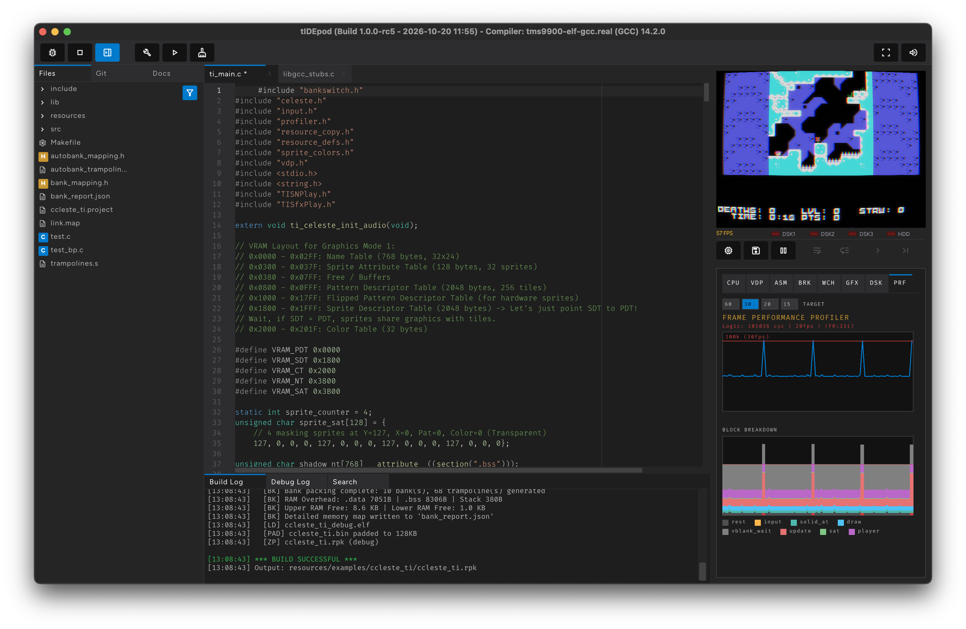 Tidepod IDE running Celeste TI with the Frame Performance Profiler